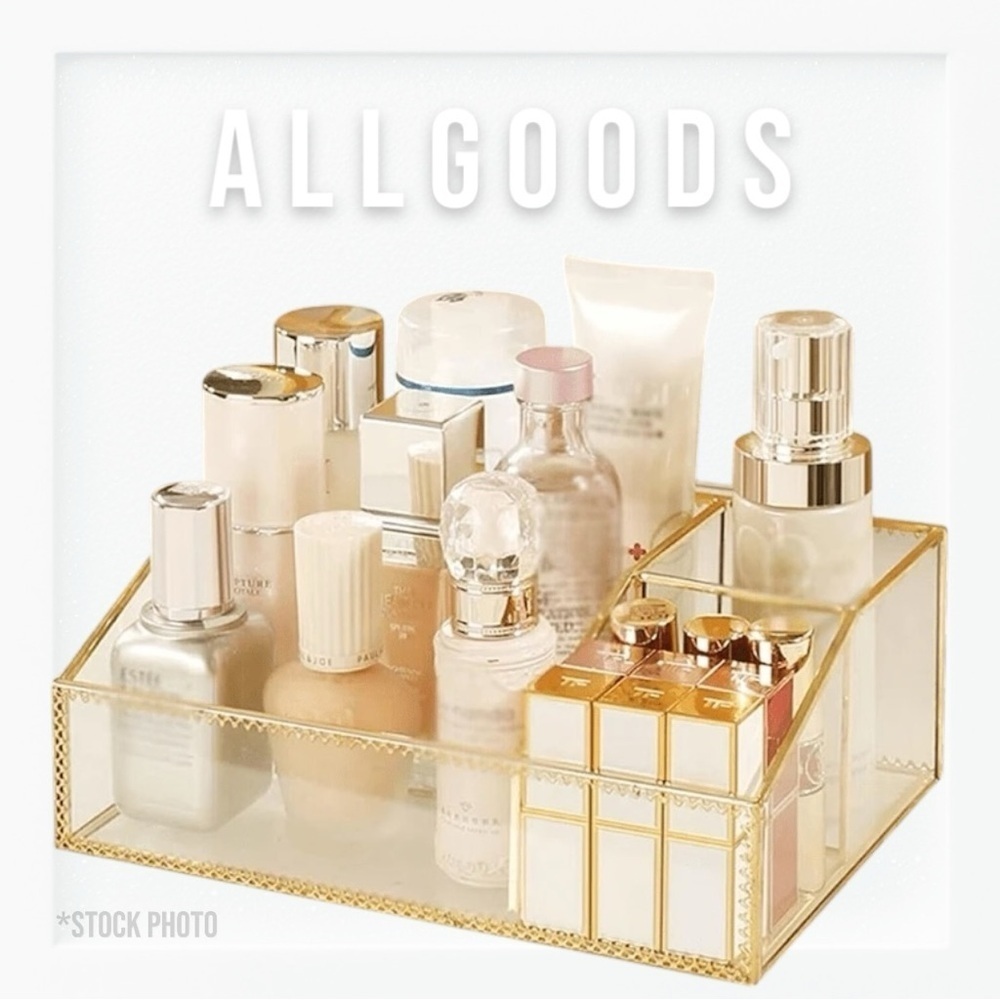 NWT AllGoods Gold Tone and Glass Divided Cosmetic Organizer